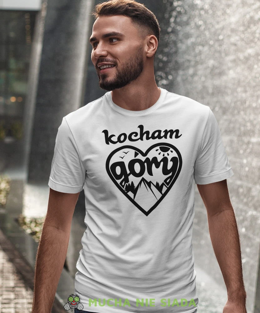 Męska koszulka z nadrukiem - Kocham góry, serce - Idealna za wypad w góry, biała koszulka z nadrukiem, wycieczka w góry, górska wyprawa, T-shirt do miłośników turystyki górskiej, mucha nie siada koszulki.jpg