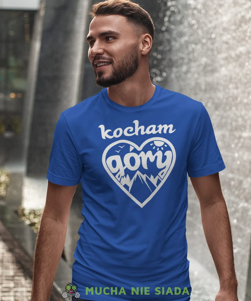Męska koszulka z nadrukiem - Kocham góry, serce - Idealna za wypad w góry, niebieska koszulka z nadrukiem, wycieczka w góry, górska wyprawa, T-shirt do miłośników turystyki górskiej, mucha nie siada koszulki.jpg