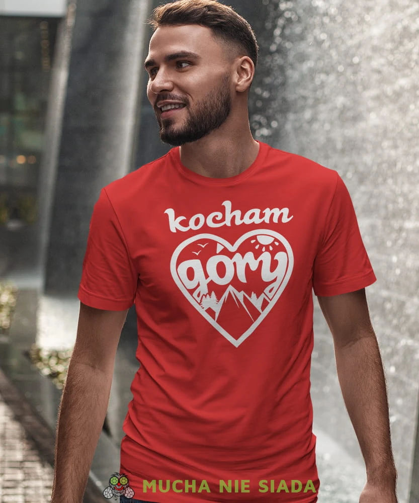 Męska koszulka z nadrukiem - Kocham góry, serce - Idealna za wypad w góry, czerwona koszulka z nadrukiem, wycieczka w góry, górska wyprawa, T-shirt do miłośników turystyki górskiej, mucha nie siada koszulki.jpg