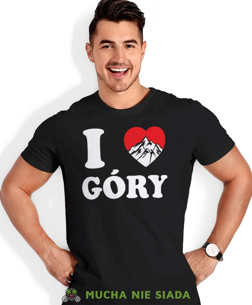 Męska koszulka z nadrukiem - Kocham góry, I love góry - Idealna za wypad w góry, czarna koszulka z nadrukiem, wycieczka w góry, górska wyprawa, T-shirt do miłośników turystyki górskiej, mucha nie siada koszulki.jpg
