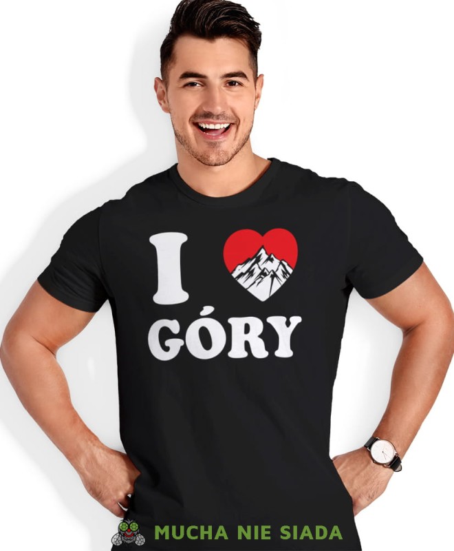 Męska koszulka z nadrukiem - Kocham góry, I love góry - Idealna za wypad w góry, czarna koszulka z nadrukiem, wycieczka w góry, górska wyprawa, T-shirt do miłośników turystyki górskiej, mucha nie siada koszulki.jpg