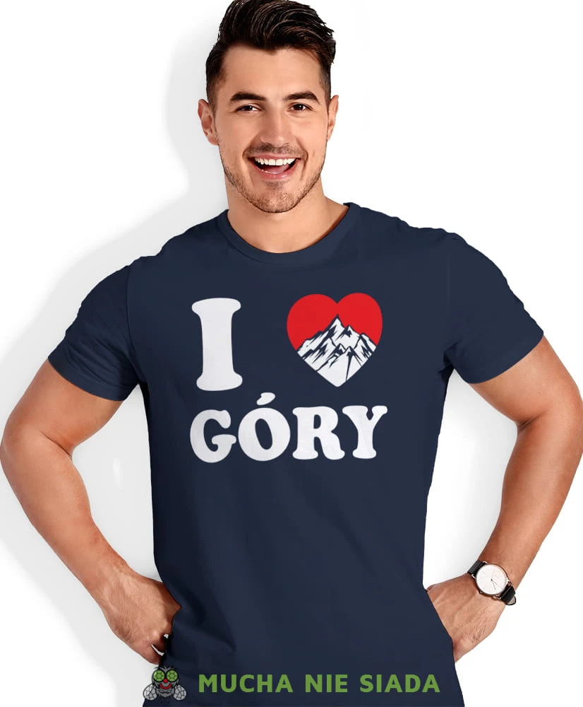Męska koszulka z nadrukiem - Kocham góry, I love góry - Idealna za wypad w góry, granatowa koszulka z nadrukiem, wycieczka w góry, górska wyprawa, T-shirt do miłośników turystyki górskiej, mucha nie siada koszulki.jpg
