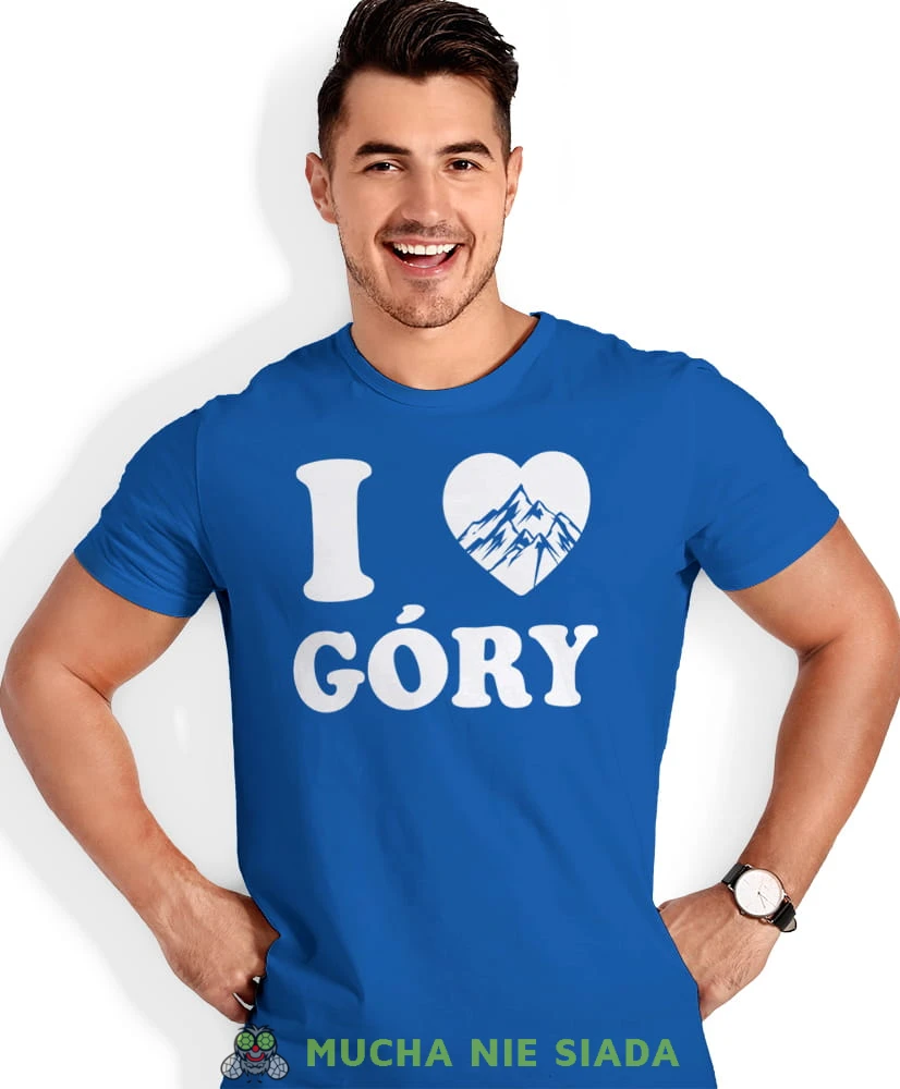 Męska koszulka z nadrukiem - Kocham góry, I love góry - Idealna za wypad w góry, niebieska koszulka z nadrukiem, wycieczka w góry, górska wyprawa, T-shirt do miłośników turystyki górskiej, mucha nie siada koszulki.jpg