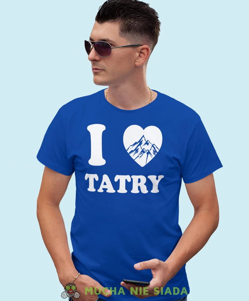 Męska koszulka z nadrukiem - Kocham Tatry, I love Tatry - Idealna za wypad w góry, niebieska koszulka z nadrukiem, wycieczka w góry, górska wyprawa, T-shirt do miłośników turystyki górskiej, mucha nie siada koszulki.jpg
