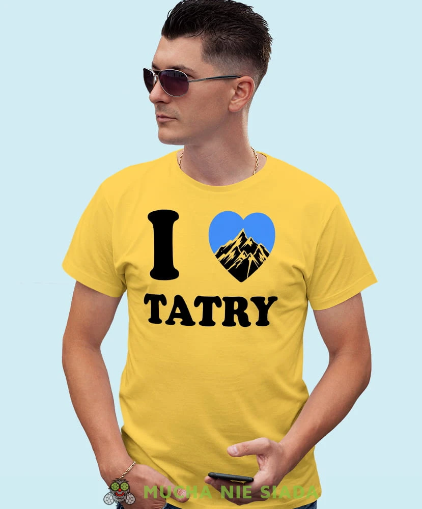 Męska koszulka z nadrukiem - Kocham Tatry, I love Tatry - Idealna za wypad w góry, żółta koszulka z nadrukiem, wycieczka w góry, górska wyprawa, T-shirt do miłośników turystyki górskiej, mucha nie siada koszulki.jpg