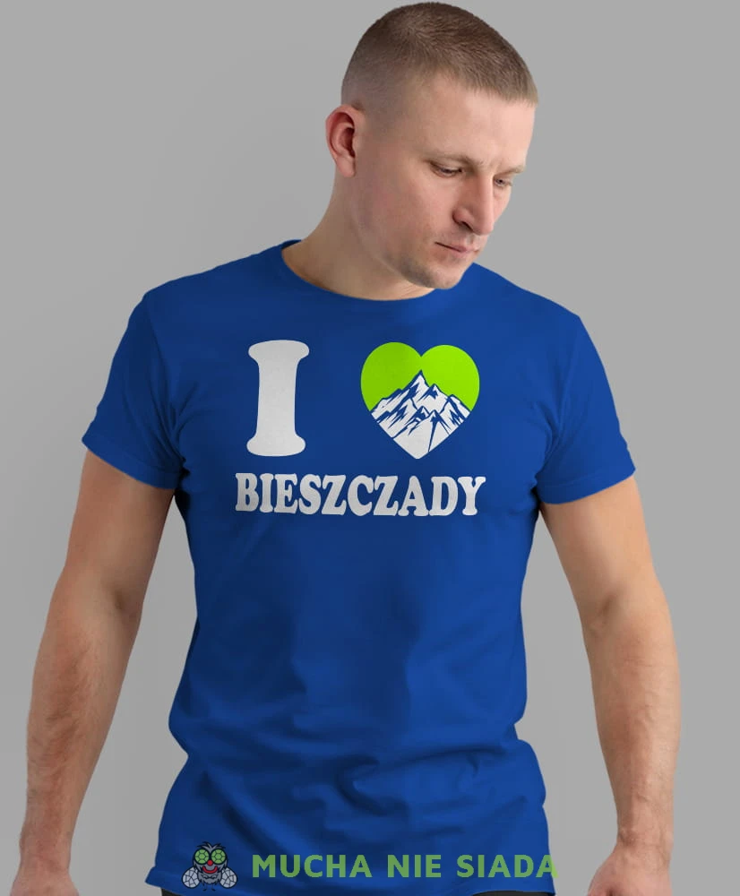 Męska koszulka z nadrukiem - Kocham Bieszczady, I love Bieszczady - Idealna za wypad w góry, niebieska koszulka z nadrukiem, wycieczka w góry, górska wyprawa, T-shirt do miłośników turystyki górskiej, mucha nie siada koszulki.jpg