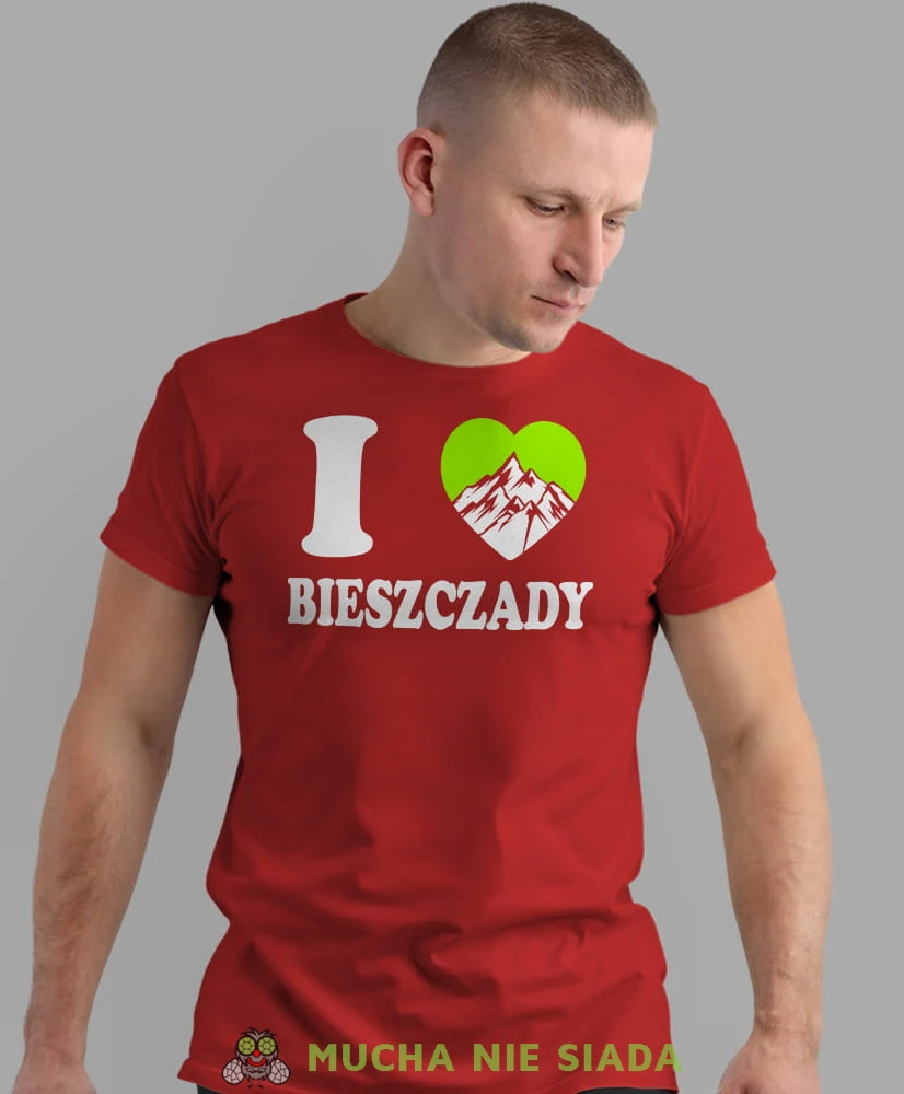 Męska koszulka z nadrukiem - Kocham Bieszczady, I love Bieszczady - Idealna za wypad w góry, czerwona koszulka z nadrukiem, wycieczka w góry, górska wyprawa, T-shirt do miłośników turystyki górskiej, mucha nie siada koszulki.jpg