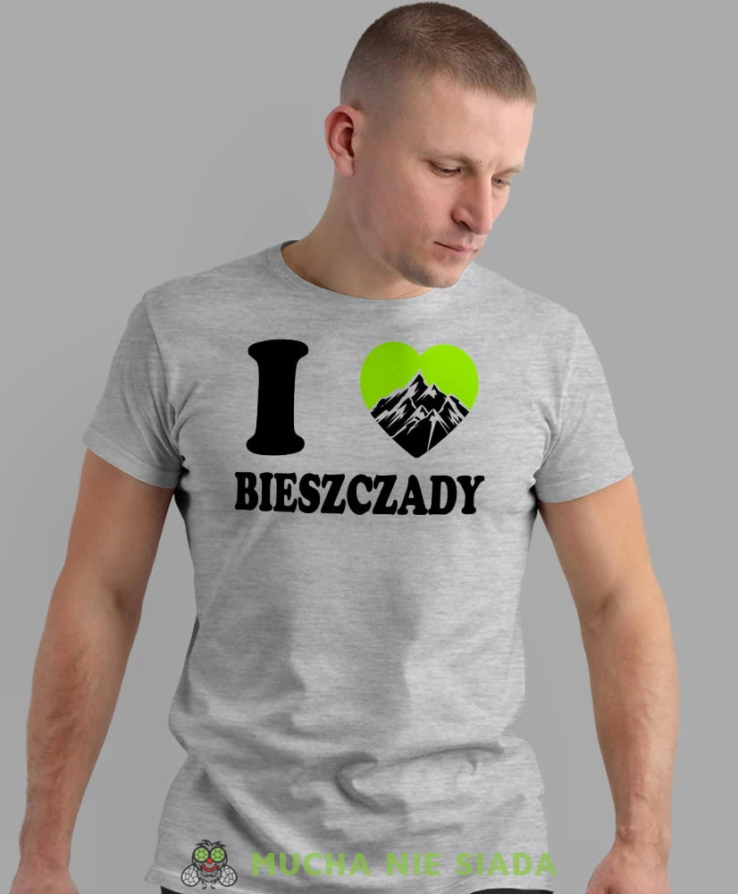 Męska koszulka z nadrukiem - Kocham Bieszczady, I love Bieszczady - Idealna za wypad w góry, szara koszulka z nadrukiem, wycieczka w góry, górska wyprawa, T-shirt do miłośników turystyki górskiej, mucha nie siada koszulki.jpg