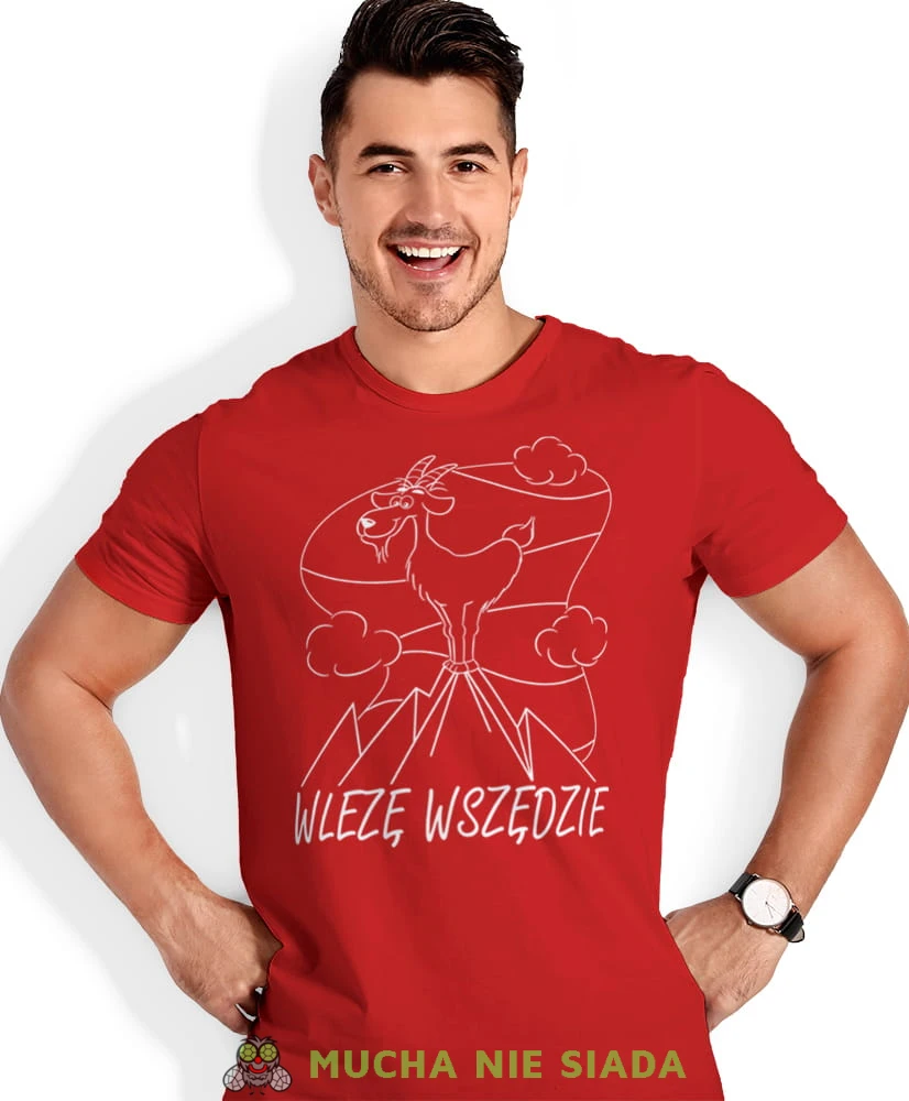 Męska koszulka z nadrukiem - Wlezę wszędzie - Idealna za wypad w góry, czerwona koszulka z nadrukiem, wycieczka w góry, górska wyprawa, T-shirt do miłośników turystyki górskiej, mucha nie siada koszulki.jpg