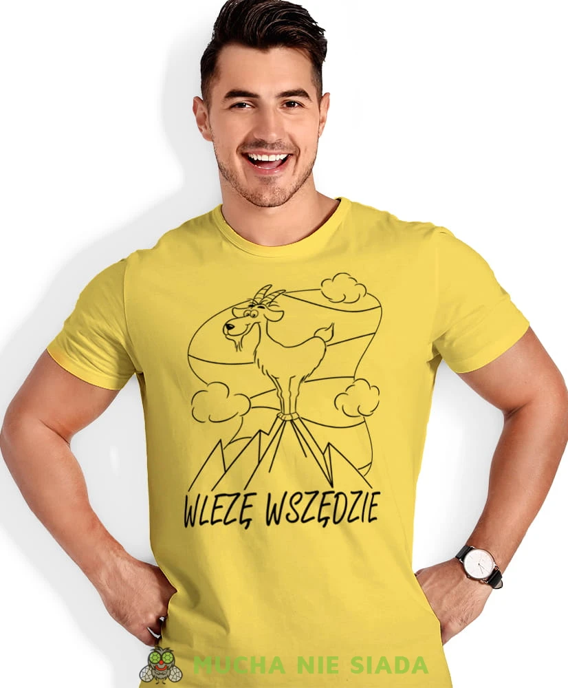 Męska koszulka z nadrukiem - Wlezę wszędzie - Idealna za wypad w góry, żółta koszulka z nadrukiem, wycieczka w góry, górska wyprawa, T-shirt do miłośników turystyki górskiej, mucha nie siada koszulki.jpg