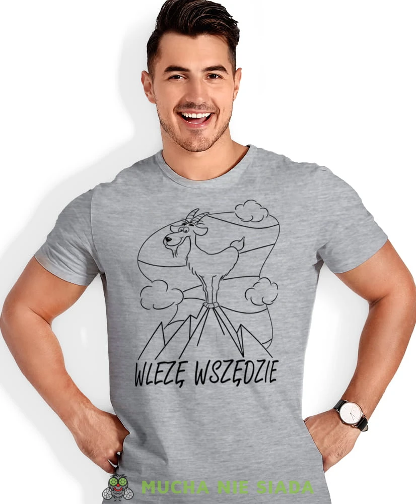 Męska koszulka z nadrukiem - Wlezę wszędzie - Idealna za wypad w góry, szara koszulka z nadrukiem, wycieczka w góry, górska wyprawa, T-shirt do miłośników turystyki górskiej, mucha nie siada koszulki.jpg