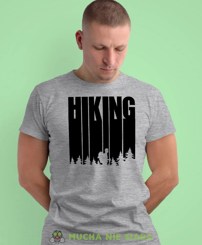 Męska koszulka z nadrukiem - Hiking góry las - Idealna za wypad w góry, szara koszulka z nadrukiem, wycieczka w góry, górska wyprawa, T-shirt do miłośników turystyki górskiej, mucha nie siada koszulki.jpg