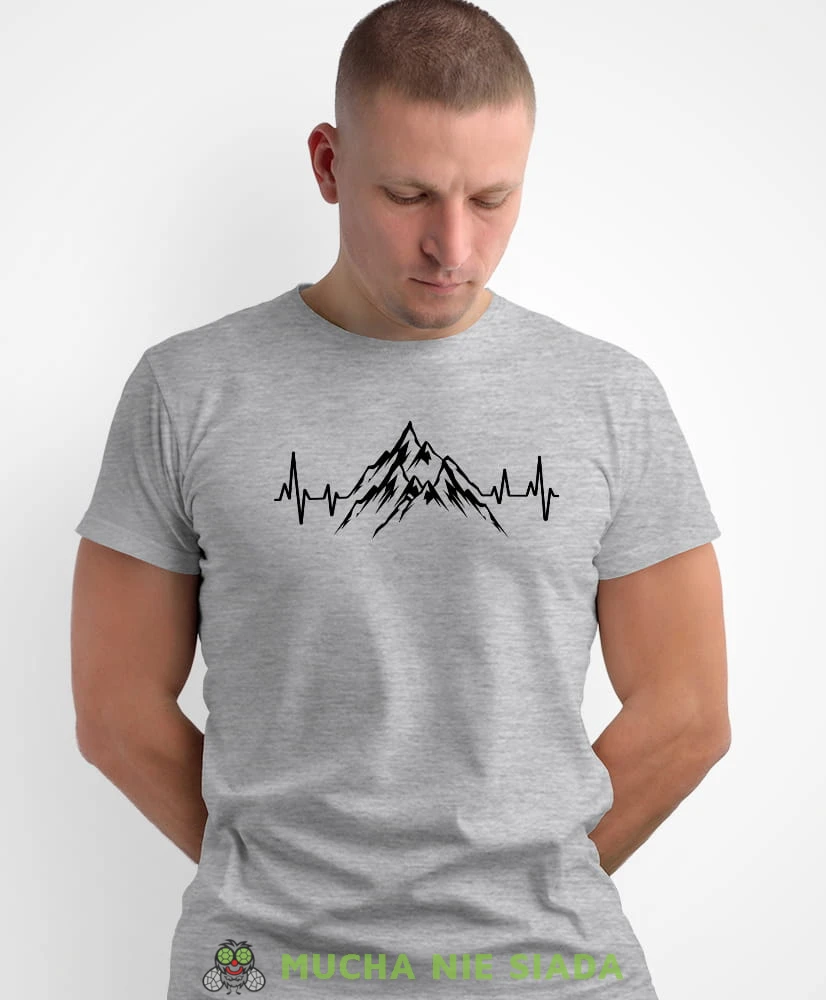 Męska koszulka z nadrukiem - Góry linia życia - Idealna za wypad w góry, szara koszulka z nadrukiem, wycieczka w góry, górska wyprawa, T-shirt do miłośników turystyki górskiej, mucha nie siada koszulki.jpg