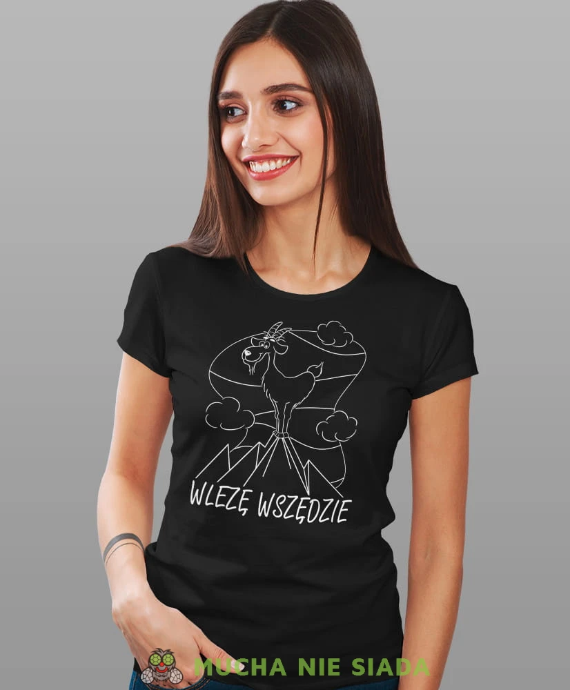 Damska koszulka z nadrukiem - Wlezę wszędzie - Idealna za wypad w góry, czarna koszulka z nadrukiem, wycieczka w góry, górska wyprawa, T-shirt dla miłośników turystyki górskiej, mucha nie siada koszulki.jpg