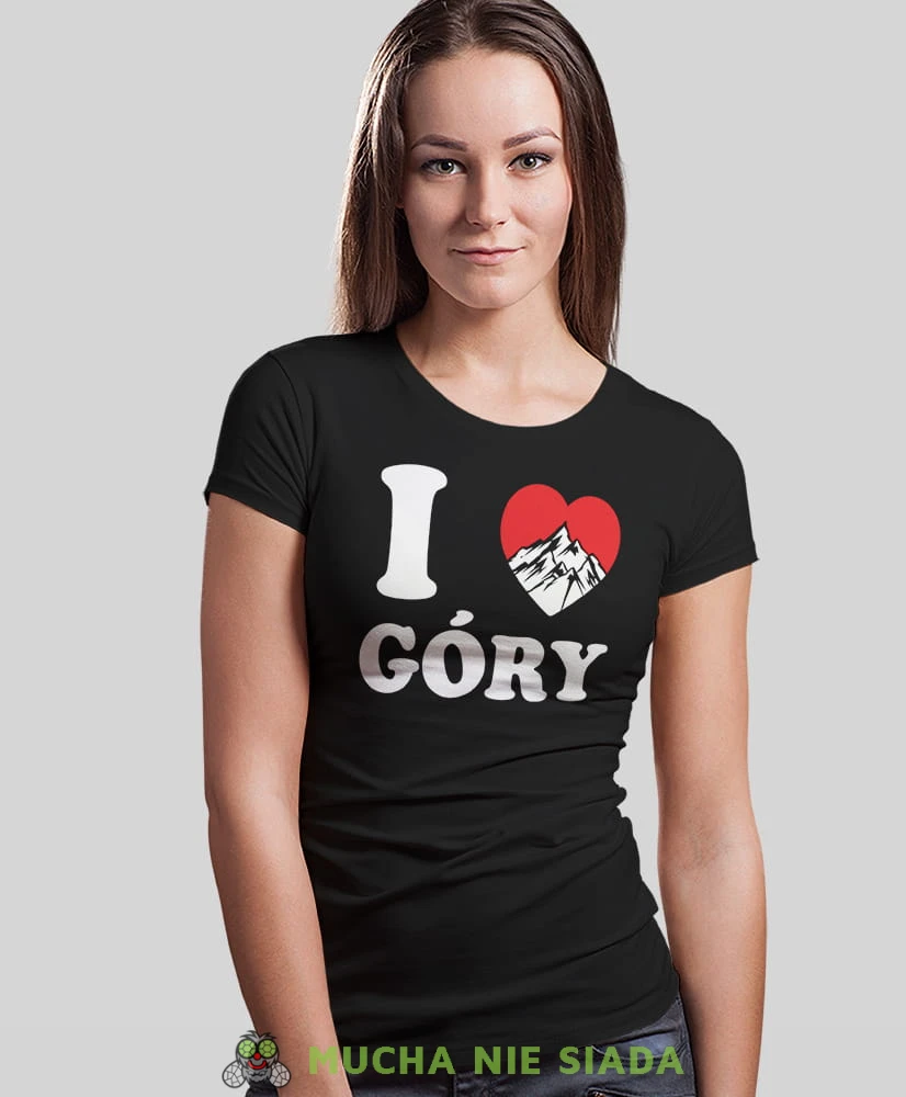 Damska koszulka z nadrukiem - Kocham góry, I love góry - Idealna na wypad w góry, czarna koszulka z nadrukiem, wycieczka w góry, górska wyprawa, T-shirt dla miłośników turystyki górskiej, mucha nie siada koszulki.jpg