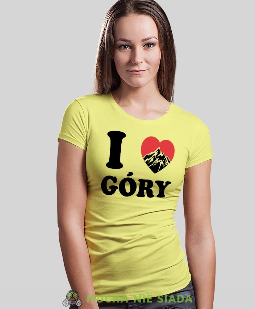 Damska koszulka z nadrukiem - Kocham góry, I love góry - Idealna na wypad w góry, żółta koszulka z nadrukiem, wycieczka w góry, górska wyprawa, T-shirt dla miłośników turystyki górskiej, mucha nie siada koszulki.jpg