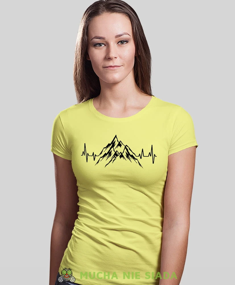 Damska koszulka z nadrukiem - Góry linia życia - Idealna za wypad w góry, żółta koszulka z nadrukiem, wycieczka w góry, górska wyprawa, T-shirt dla miłośników turystyki górskiej, mucha nie siada koszulki.jpg