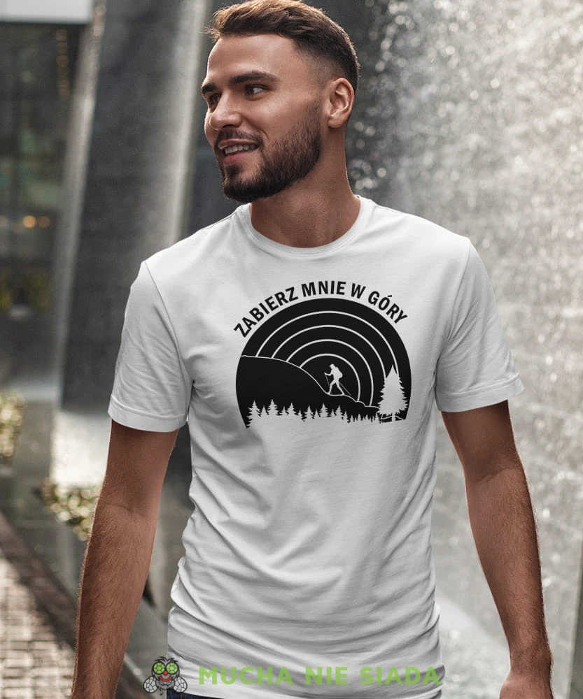 Męska koszulka z nadrukiem - Zabierz mnię w góry - Idealna za wypad w góry, biała koszulka z nadrukiem, wycieczka w góry, górska wyprawa, T-shirt do miłośników turystyki górskiej, mucha nie siada koszulki.jpg