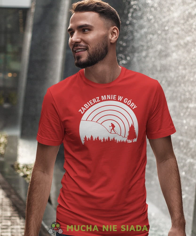 Męska koszulka z nadrukiem - Zabierz mnię w góry - Idealna za wypad w góry, czerwona koszulka z nadrukiem, wycieczka w góry, górska wyprawa, T-shirt do miłośników turystyki górskiej, mucha nie siada koszulki.jpg