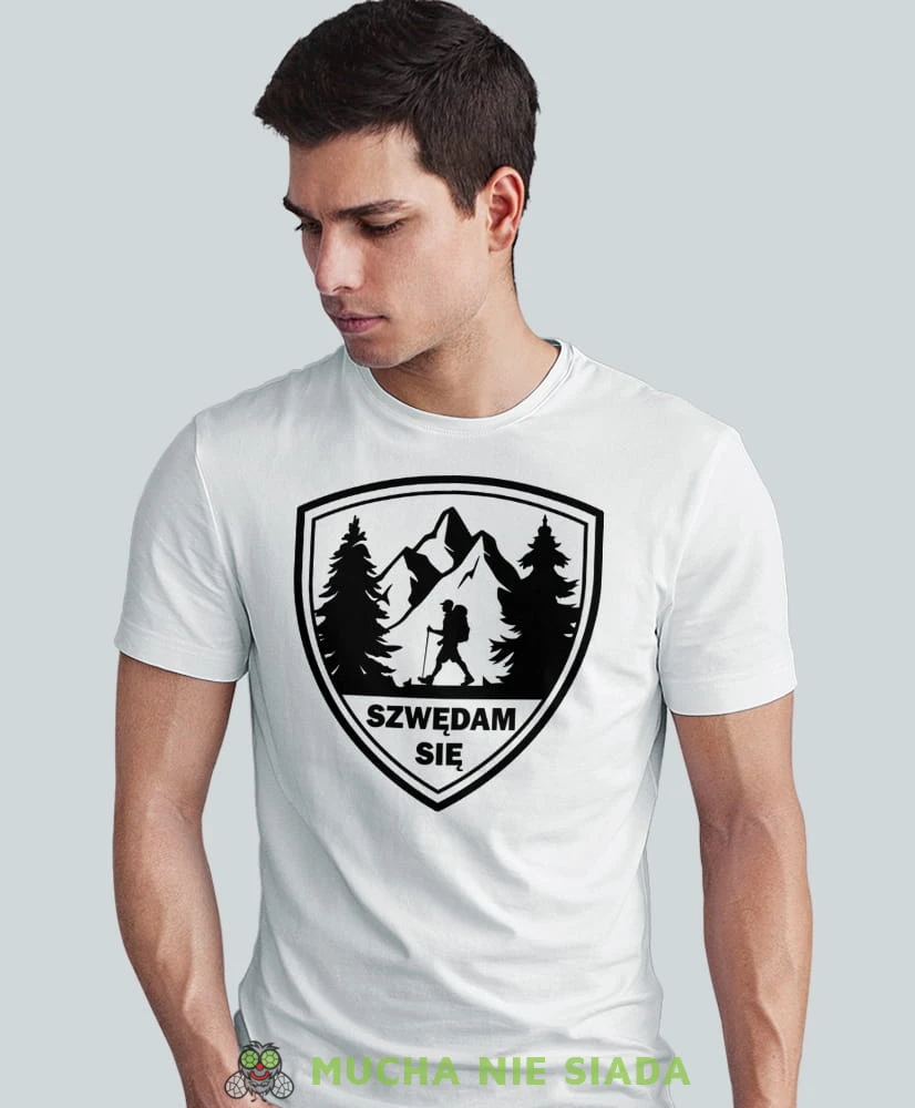 Męska koszulka z nadrukiem - Szwędam się - Idealna za wypad w góry, biała koszulka z nadrukiem, wycieczka w góry, górska wyprawa, T-shirt do miłośników turystyki górskiej, mucha nie siada koszulki.jpg