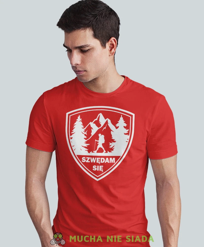 Męska koszulka z nadrukiem - Szwędam się - Idealna za wypad w góry, czerwona koszulka z nadrukiem, wycieczka w góry, górska wyprawa, T-shirt do miłośników turystyki górskiej, mucha nie siada koszulki.jpg