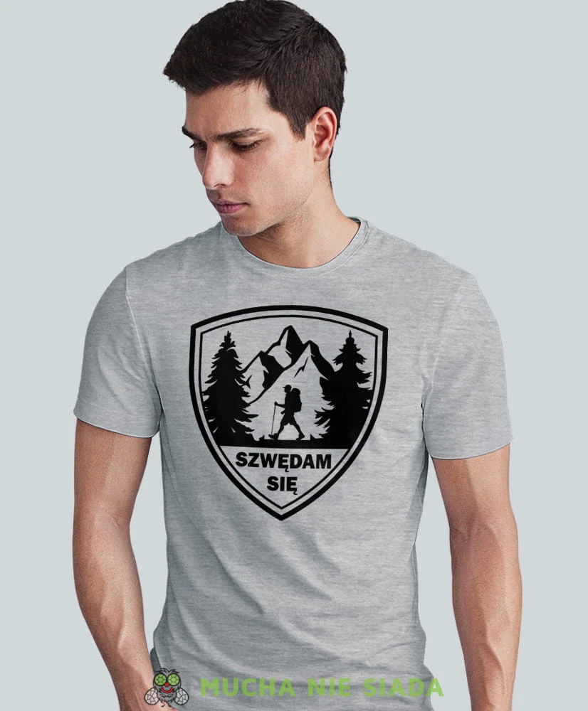 Męska koszulka z nadrukiem - Szwędam się - Idealna za wypad w góry, szara koszulka z nadrukiem, wycieczka w góry, górska wyprawa, T-shirt do miłośników turystyki górskiej, mucha nie siada koszulki.jpg