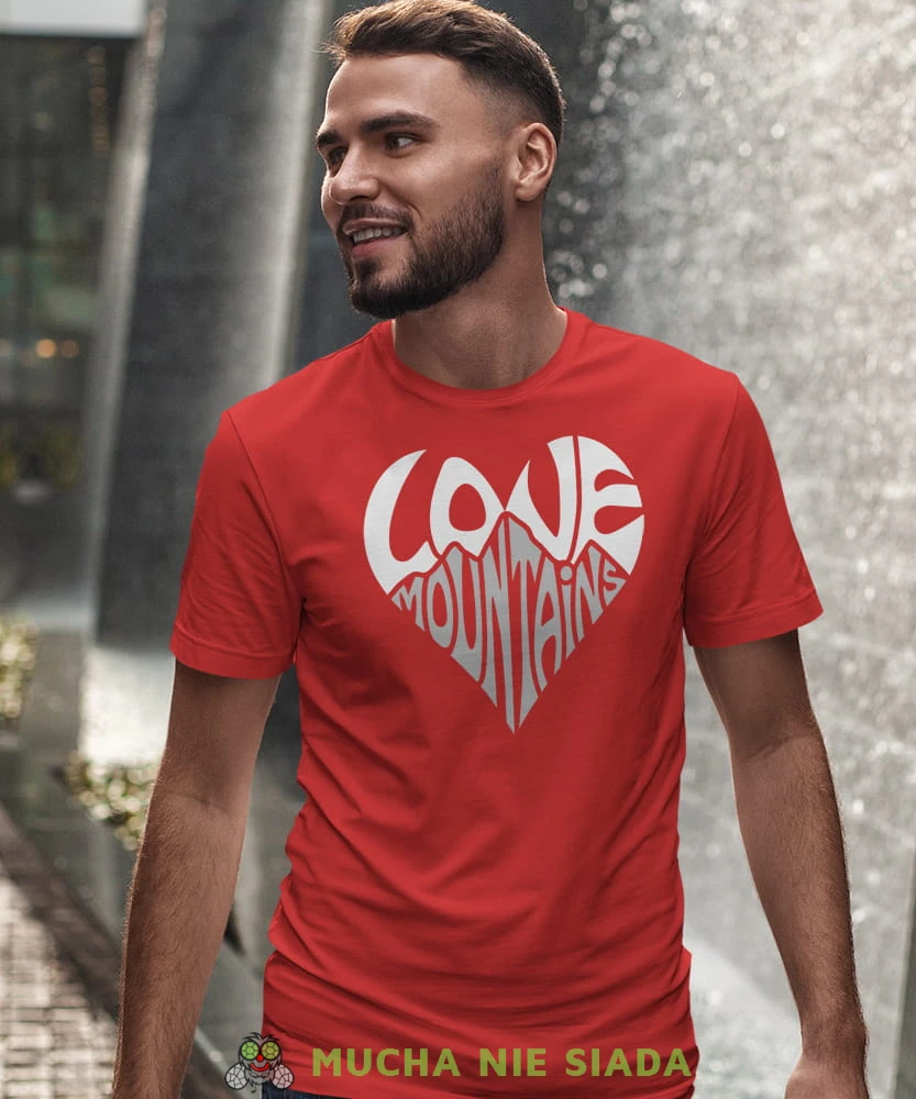 Męska koszulka z nadrukiem - Love mountains - Idealna za wypad w góry, czerwona koszulka z nadrukiem, wycieczka w góry, górska wyprawa, T-shirt do miłośników turystyki górskiej, mucha nie siada koszulki.jpg