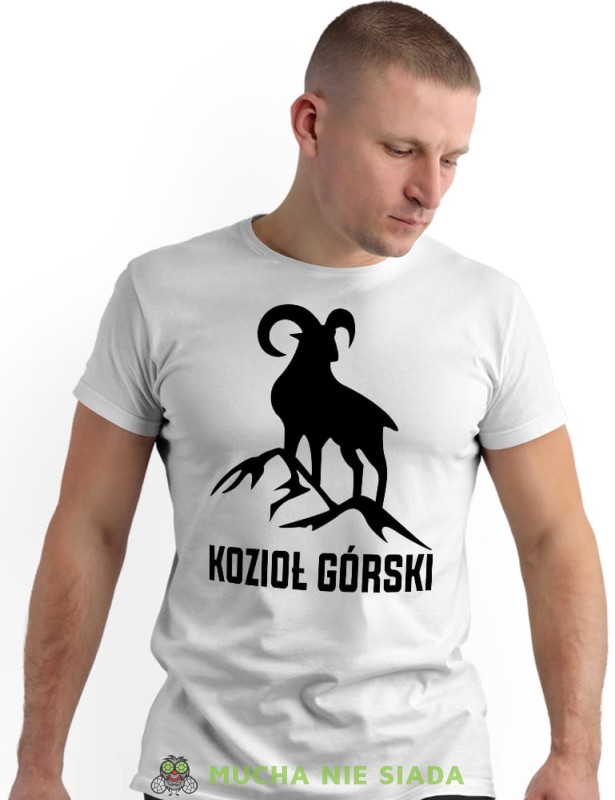 Męska koszulka z nadrukiem - Kozioł górski  - Idealna za wypad w góry, biała koszulka z nadrukiem, wycieczka w góry, górska wyprawa, T-shirt do miłośników turystyki górskiej, mucha nie siada koszulki.jpg