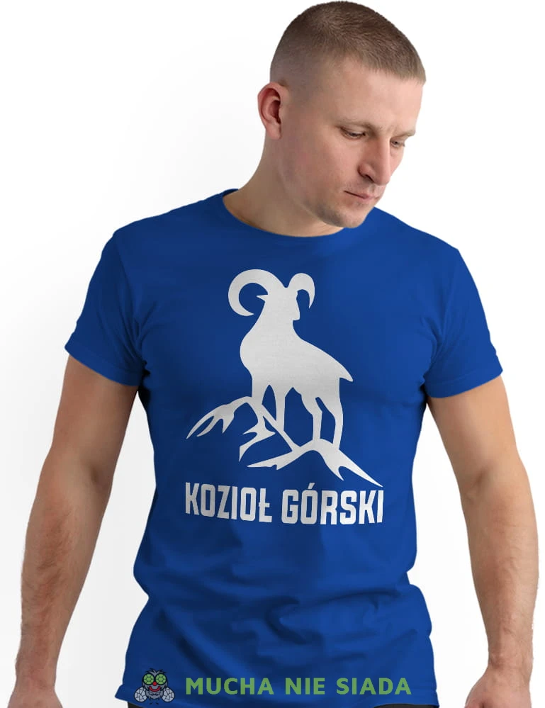 Męska koszulka z nadrukiem - Kozioł górski  - Idealna za wypad w góry, niebieska koszulka z nadrukiem, wycieczka w góry, górska wyprawa, T-shirt do miłośników turystyki górskiej, mucha nie siada koszulki.jpg