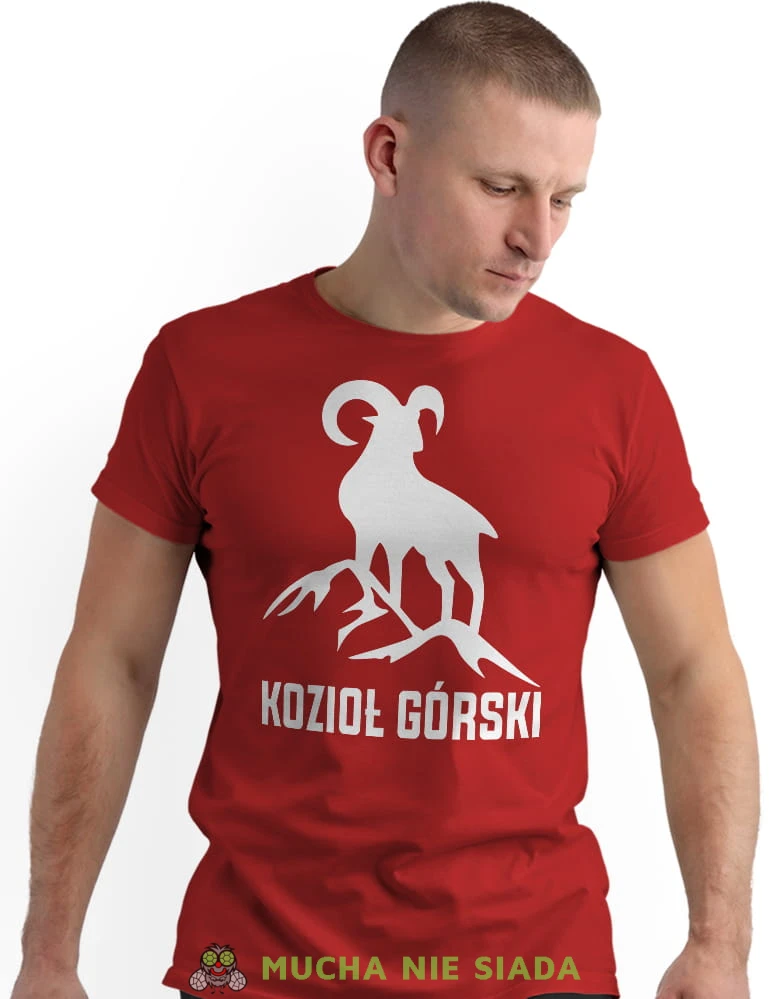 Męska koszulka z nadrukiem - Kozioł górski  - Idealna za wypad w góry, czerwona koszulka z nadrukiem, wycieczka w góry, górska wyprawa, T-shirt do miłośników turystyki górskiej, mucha nie siada koszulki.jpg
