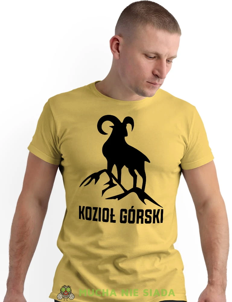 Męska koszulka z nadrukiem - Kozioł górski  - Idealna za wypad w góry, żółta koszulka z nadrukiem, wycieczka w góry, górska wyprawa, T-shirt do miłośników turystyki górskiej, mucha nie siada koszulki.jpg