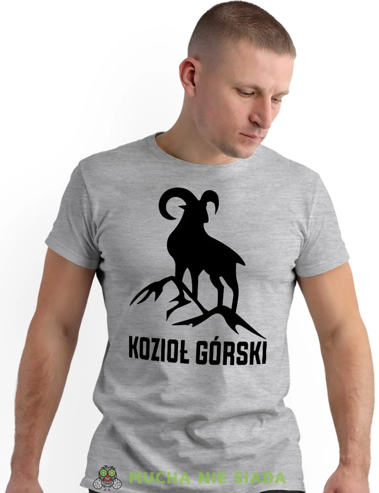 Męska koszulka z nadrukiem - Kozioł górski  - Idealna na wypad w góry, szara koszulka z nadrukiem, wycieczka w góry, górska wyprawa, T-shirt do miłośników turystyki górskiej, mucha nie siada koszulki.jpg