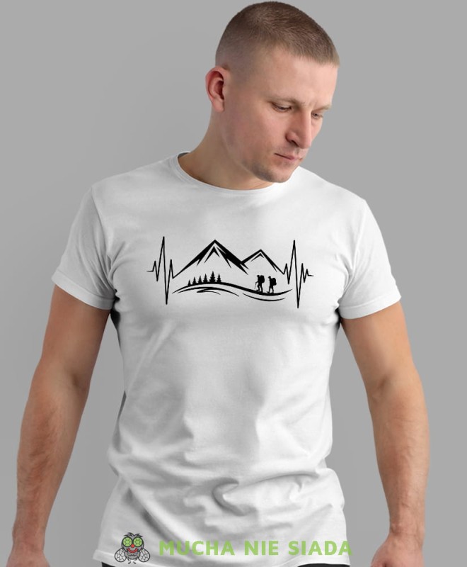 Męska koszulka z nadrukiem - Góry Wędrowcy Linia życia  - Idealna na wypad w góry, biała koszulka z nadrukiem, wycieczka w góry, górska wyprawa, T-shirt dla miłośników turystyki górskiej, mucha nie siada koszulki.jpg
