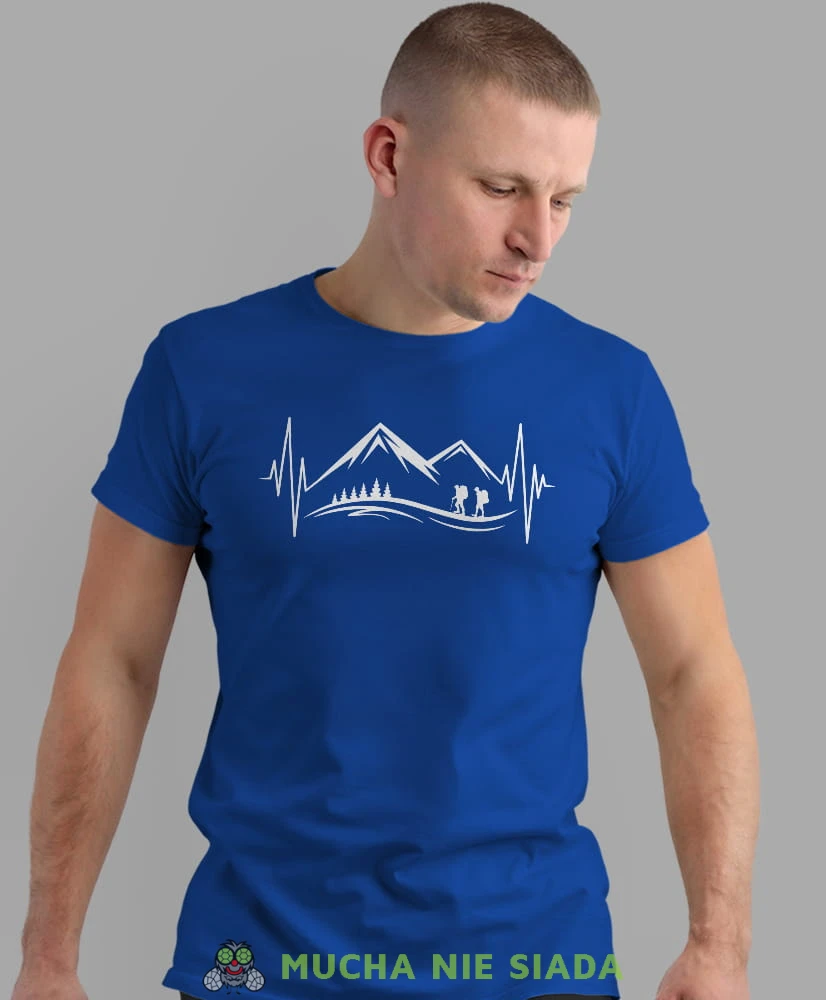Męska koszulka z nadrukiem - Góry Wędrowcy Linia życia  - Idealna na wypad w góry, niebieska koszulka z nadrukiem, wycieczka w góry, górska wyprawa, T-shirt dla miłośników turystyki górskiej, mucha nie siada koszulki.jpg