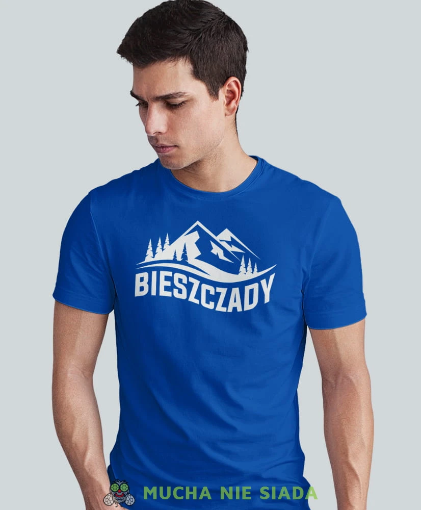 Męska koszulka z nadrukiem - Bieszczady - Idealna na wypad w góry, niebieska koszulka z nadrukiem, wycieczka w góry, górska wyprawa, T-shirt dla miłośników turystyki górskiej, mucha nie siada koszulki.jpg