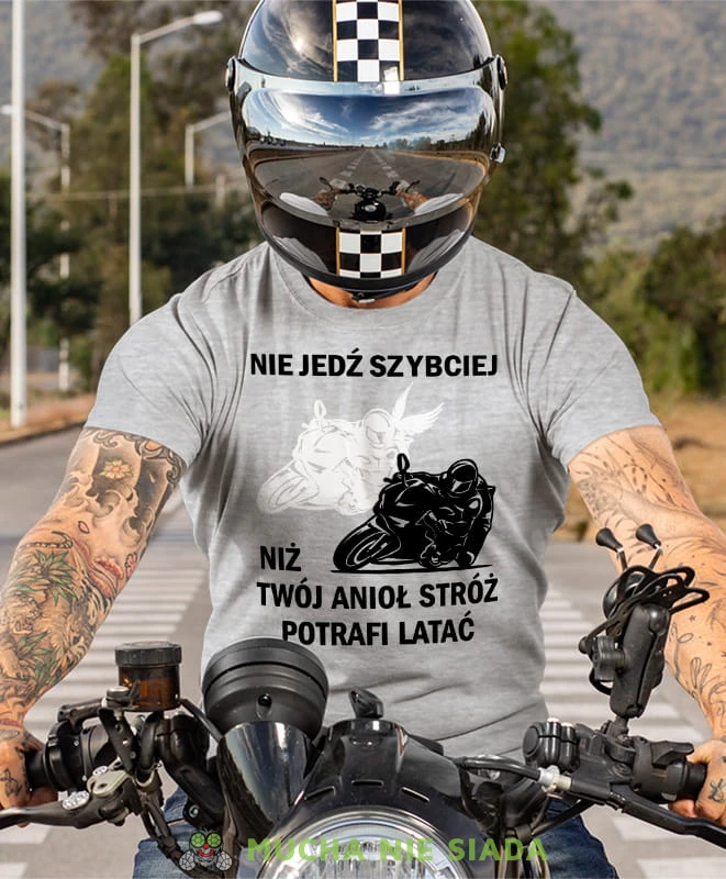 Nie jedź szybciej niż Twój anioł stróż potrafi latać Motocykl, szara męska koszulka, koszulka dla motocyklisty, koszulki na motocykl, koszulka na motocykl, męska koszulka na motocykl na prezent dla miłośnika motocykli.jpg