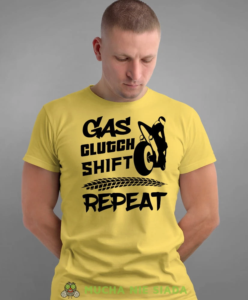Gas clutch shift repeat, żółta męska koszulka, koszulka dla motocyklisty, koszulki na motocykl, koszulka na motocykl, męska koszulka na motocykl na prezent dla miłośnika motocykli.jpg