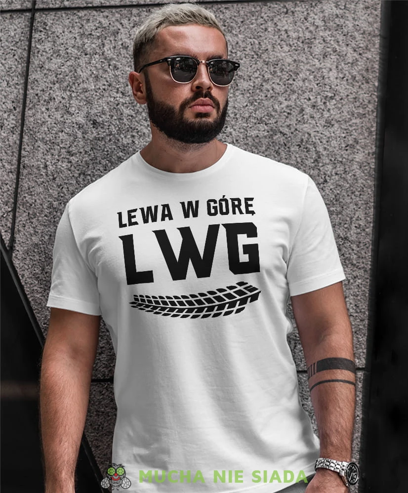 Lewa w górę LWG ślad opony, biała męska koszulka, koszulka dla motocyklisty, koszulki na motocykl, koszulka na motocykl, męska koszulka na motocykl na prezent dla miłośnika motocykli.jpg
