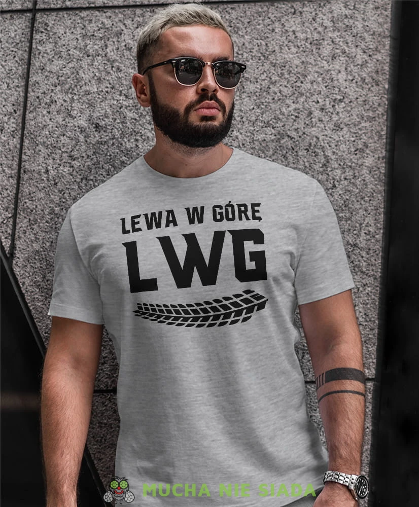 Lewa w górę LWG ślad opony, szara męska koszulka, koszulka dla motocyklisty, koszulki na motocykl, koszulka na motocykl, męska koszulka na motocykl na prezent dla miłośnika motocykli.jpg