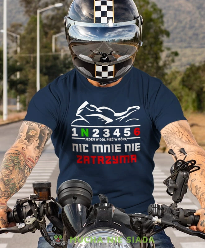 Jeden w dół pięć wgórę Nic mnie nie zatrzyma, granatowa męska koszulka, koszulka dla motocyklisty, koszulki na motocykl, koszulka na motocykl, męska koszulka na motocykl na prezent dla miłośnika motocykli.jpg