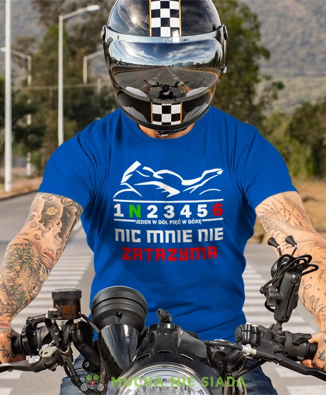 Jeden w dół pięć wgórę Nic mnie nie zatrzyma, niebieska męska koszulka, koszulka dla motocyklisty, koszulki na motocykl, koszulka na motocykl, męska koszulka na motocykl na prezent dla miłośnika motocykli.jpg