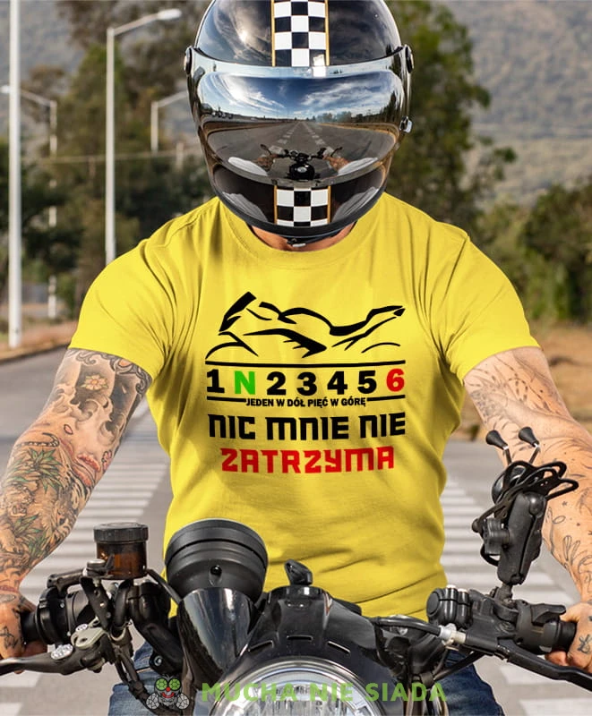 Jeden w dół pięć wgórę Nic mnie nie zatrzyma, żółta męska koszulka, koszulka dla motocyklisty, koszulki na motocykl, koszulka na motocykl, męska koszulka na motocykl na prezent dla miłośnika motocykli.jpg