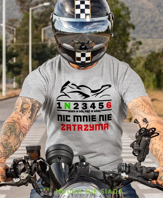 Jeden w dół pięć wgórę Nic mnie nie zatrzyma, szara męska koszulka, koszulka dla motocyklisty, koszulki na motocykl, koszulka na motocykl, męska koszulka na motocykl na prezent dla miłośnika motocykli.jpg