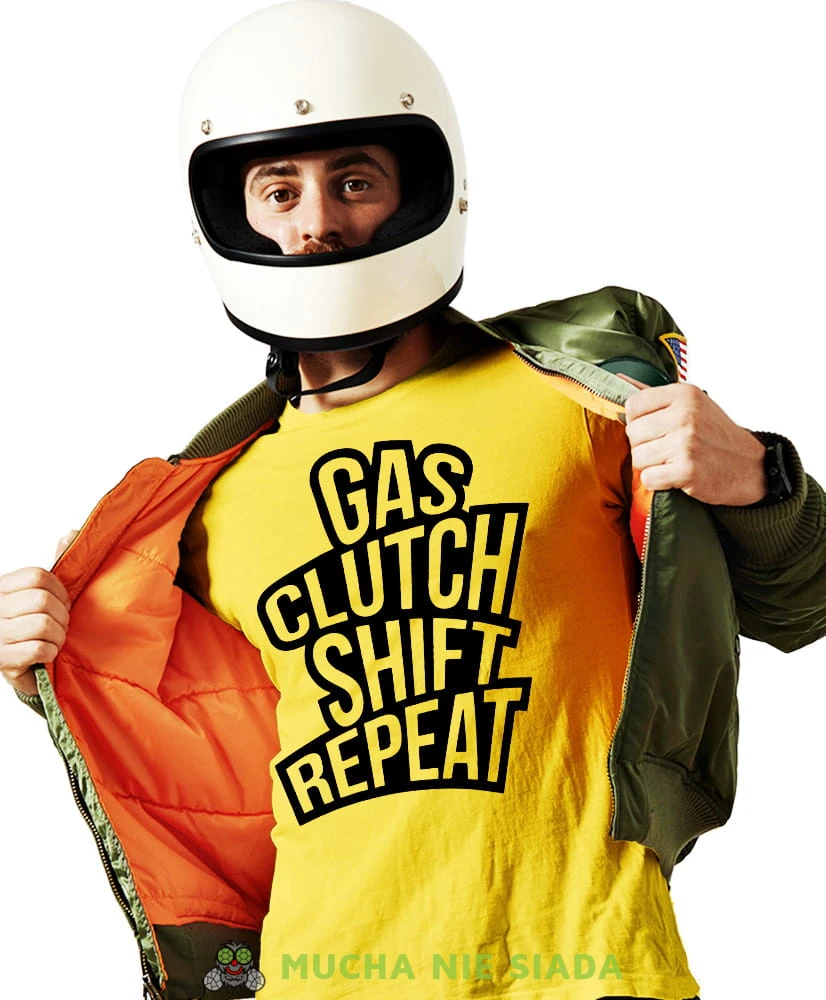Gas clutch shift repeat, żółta męska koszulka, koszulka dla motocyklisty, koszulki na motocykl, męska koszulka na motocykl na prezent dla miłośnika motocykli.jpg