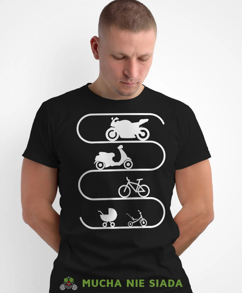 Ewolucja motocyklisty, czarna męska koszulka, koszulka dla motocyklisty, koszulki na motocykl, męska koszulka na motocykl na prezent dla miłośnika motocykli.jpg