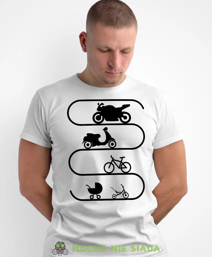 Ewolucja motocyklisty, biała męska koszulka, koszulka dla motocyklisty, koszulki na motocykl, męska koszulka na motocykl na prezent dla miłośnika motocykli.jpg