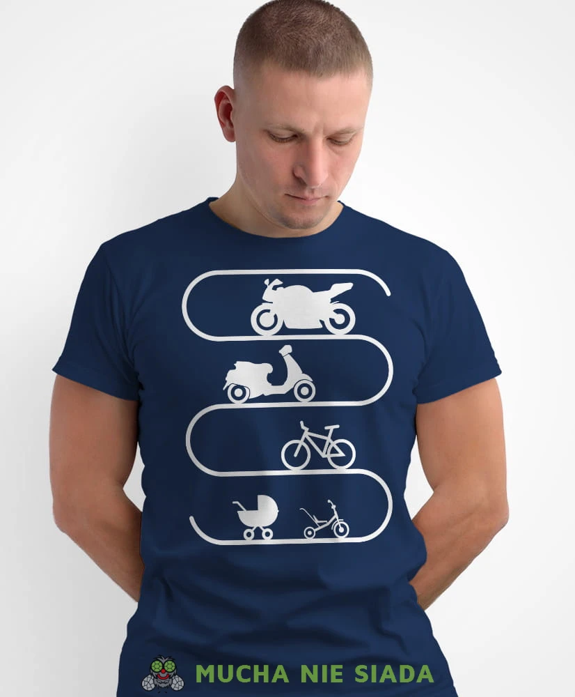 Ewolucja motocyklisty, granatowa męska koszulka, koszulka dla motocyklisty, koszulki na motocykl, męska koszulka na motocykl na prezent dla miłośnika motocykli.jpg