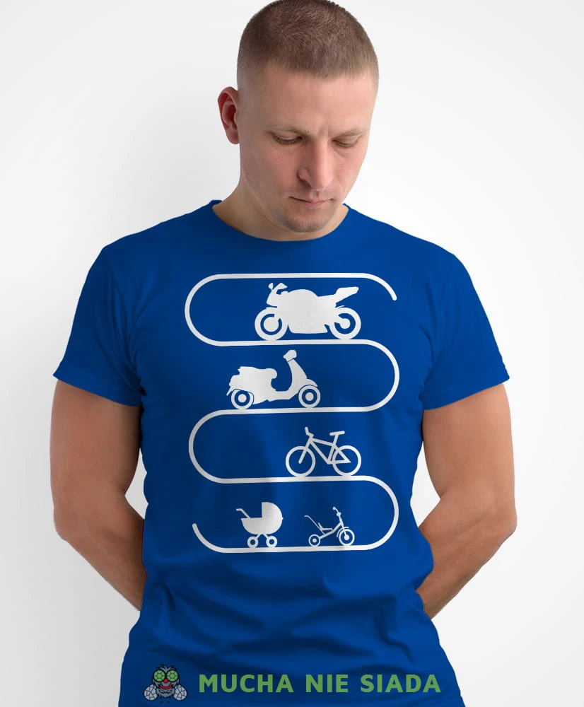 Ewolucja motocyklisty, niebieska męska koszulka, koszulka dla motocyklisty, koszulki na motocykl, męska koszulka na motocykl na prezent dla miłośnika motocykli.jpg
