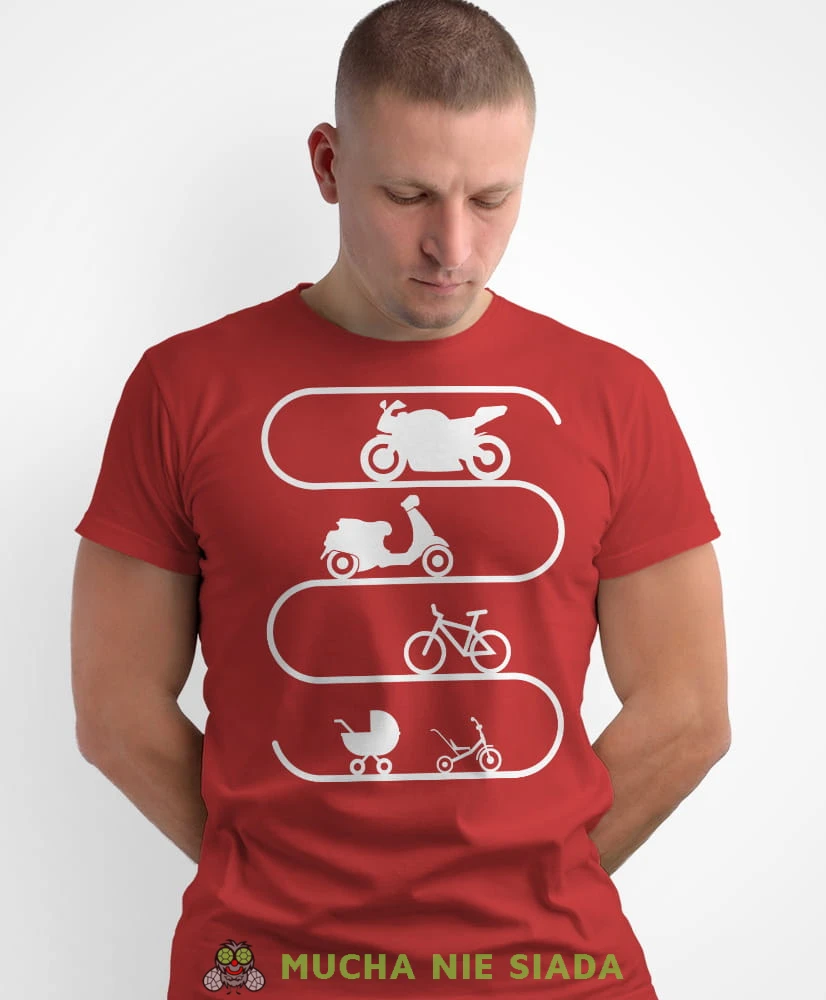 Ewolucja motocyklisty, czerwona męska koszulka, koszulka dla motocyklisty, koszulki na motocykl, męska koszulka na motocykl na prezent dla miłośnika motocykli.jpg