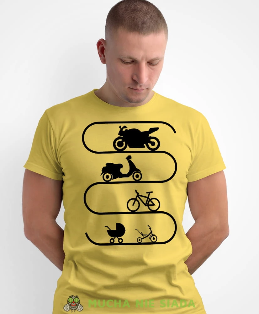 Ewolucja motocyklisty, żółta męska koszulka, koszulka dla motocyklisty, koszulki na motocykl, męska koszulka na motocykl na prezent dla miłośnika motocykli.jpg